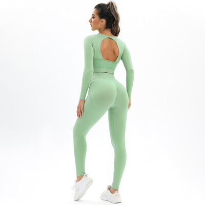 2tk õmblusteta joogakomplekt naiste treeninguks Jõusaalikomplekt Scrunch Butt retuusid pikkade varrukatega Crop Top komplekt jõusaaliriided fitness-spordiülikond