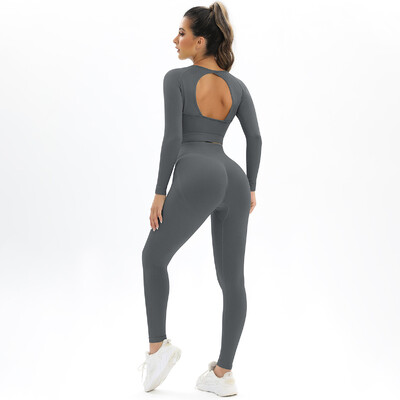 2tk õmblusteta joogakomplekt naiste treeninguks Jõusaalikomplekt Scrunch Butt retuusid pikkade varrukatega Crop Top komplekt jõusaaliriided fitness-spordiülikond