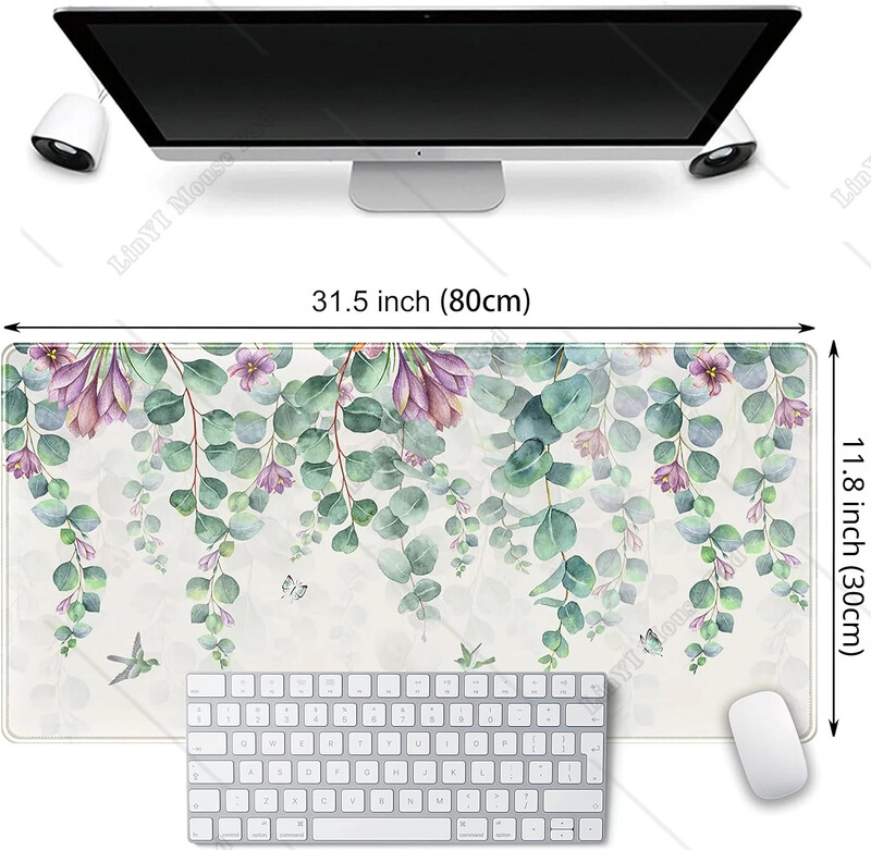 Eikalipta lapas liels peles paliktnis akvarelis ziedi peles paliktnis zaļš sarkans lapas rakstāmgalda paklājiņš ar šūtām malām, neslīdoša gumijas pamatne
