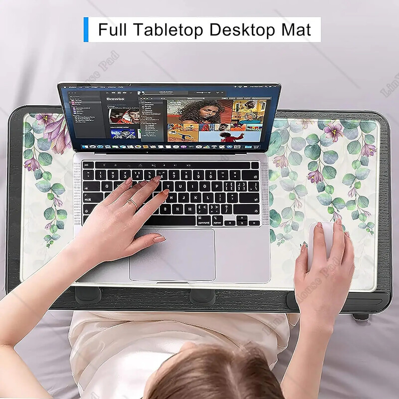 Eikalipta lapas liels peles paliktnis akvarelis ziedi peles paliktnis zaļš sarkans lapas rakstāmgalda paklājiņš ar šūtām malām, neslīdoša gumijas pamatne