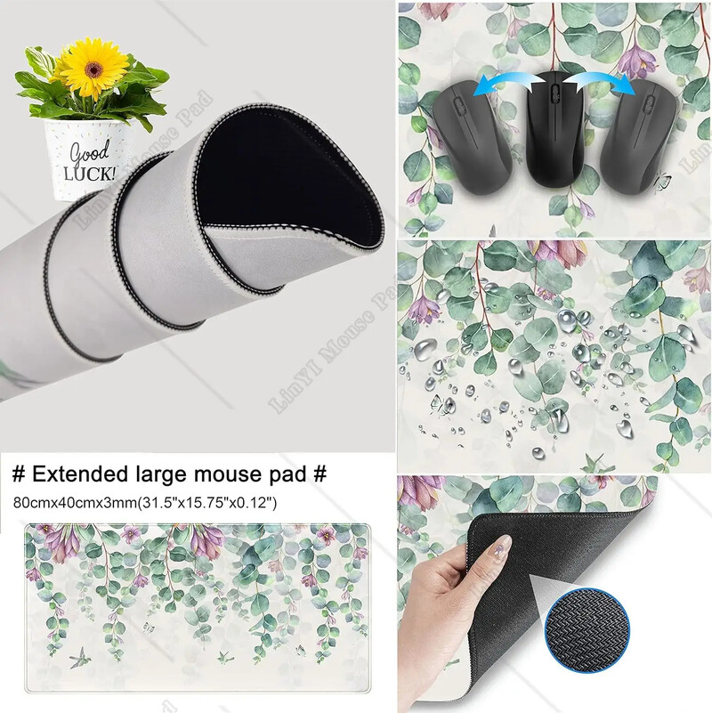 Eikalipta lapas liels peles paliktnis akvarelis ziedi peles paliktnis zaļš sarkans lapas rakstāmgalda paklājiņš ar šūtām malām, neslīdoša gumijas pamatne