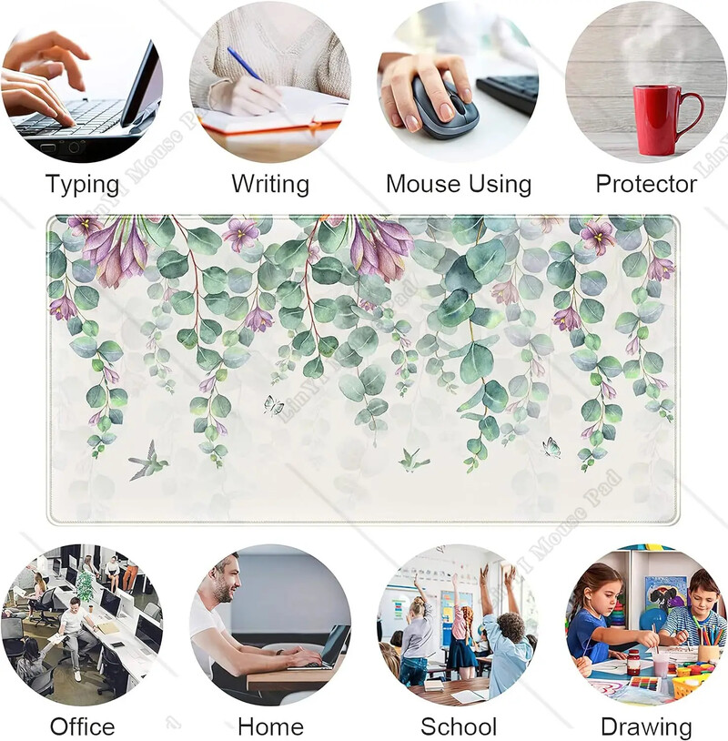 Eikalipta lapas liels peles paliktnis akvarelis ziedi peles paliktnis zaļš sarkans lapas rakstāmgalda paklājiņš ar šūtām malām, neslīdoša gumijas pamatne