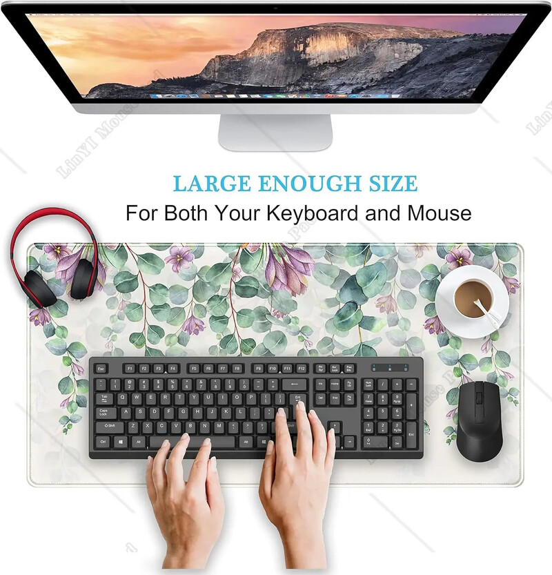 Eikalipta lapas liels peles paliktnis akvarelis ziedi peles paliktnis zaļš sarkans lapas rakstāmgalda paklājiņš ar šūtām malām, neslīdoša gumijas pamatne