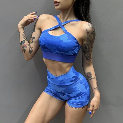 Dámske maskáčové 2-dielne jogové súpravy do posilňovne, športová podprsenka, cvičebné šortky, fitness oblečenie