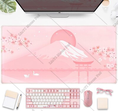 Подложка за мишка Cherry Blossom Kawaii Pink Floral Desk Mats Large Anime Gaming Mousepad XXL Cute Mount Fuji Keyboard Mats for Women