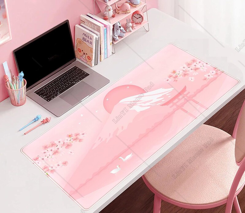 Podložka pod myš s čerešňovým kvetom, kawaii ružová kvetinová podložka na stôl, veľká anime herná podložka pod myš XXL, roztomilá podložka pod klávesnicu Mount Fuji pre ženy