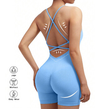 Yoga Sxy Criss Cross Backless Cami Sports Romper, Γυναικείες Ολόσωμες φόρμες με ραβδώσεις One Piece προπόνηση Αμάνικο ρόμπες Tank Top σορτς