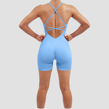 Yoga Sxy Criss Cross Backless Cami Sports Romper, Γυναικείες Ολόσωμες φόρμες με ραβδώσεις One Piece προπόνηση Αμάνικο ρόμπες Tank Top σορτς