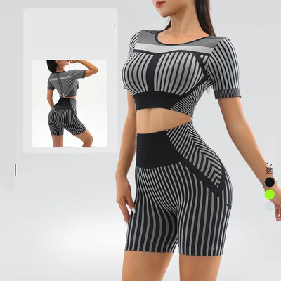 Seturi de două piese pentru yoga pentru sală de gimnastică, cămașă + cămașă scurtă pentru femei, cu dungi verticale, pentru antrenament cu talie înaltă, rochie scurte pentru femei