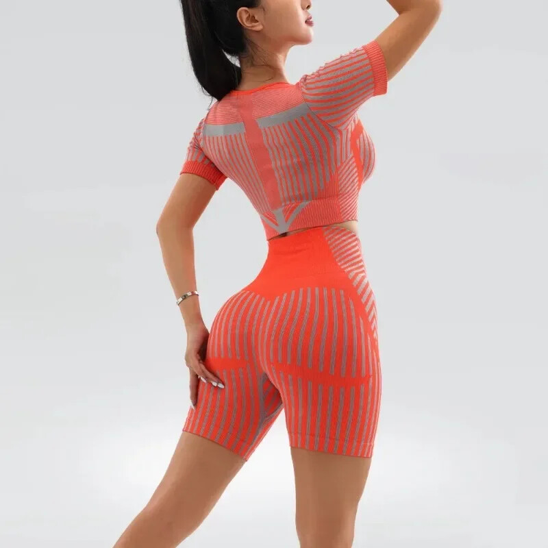 Seturi de două piese pentru yoga pentru sală de gimnastică, cămașă + cămașă scurtă pentru femei, cu dungi verticale, pentru antrenament cu talie înaltă, rochie scurte pentru femei