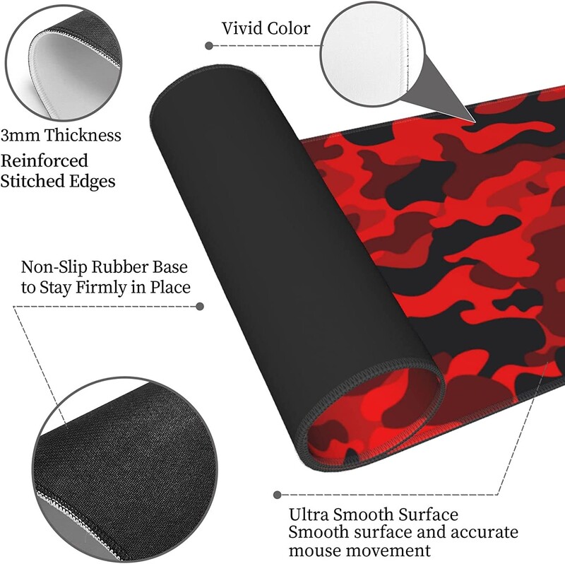 Tampă mouse-ului pentru gaming, extinsă, roșu și negru Camo, cu bază de cauciuc, antiderapant, cu margini cusute, 31,5 x 11,8 inci