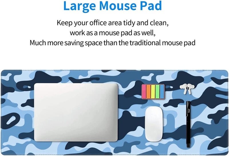 Tumši zils Camo spēļu peles paliktnis XL ar paplašinātām šūtām malām peles paliktnis Liels peles paklājiņš rakstāmgalda paliktnis, neslīdošs gumijas pamatne 31,5x11,8 collas