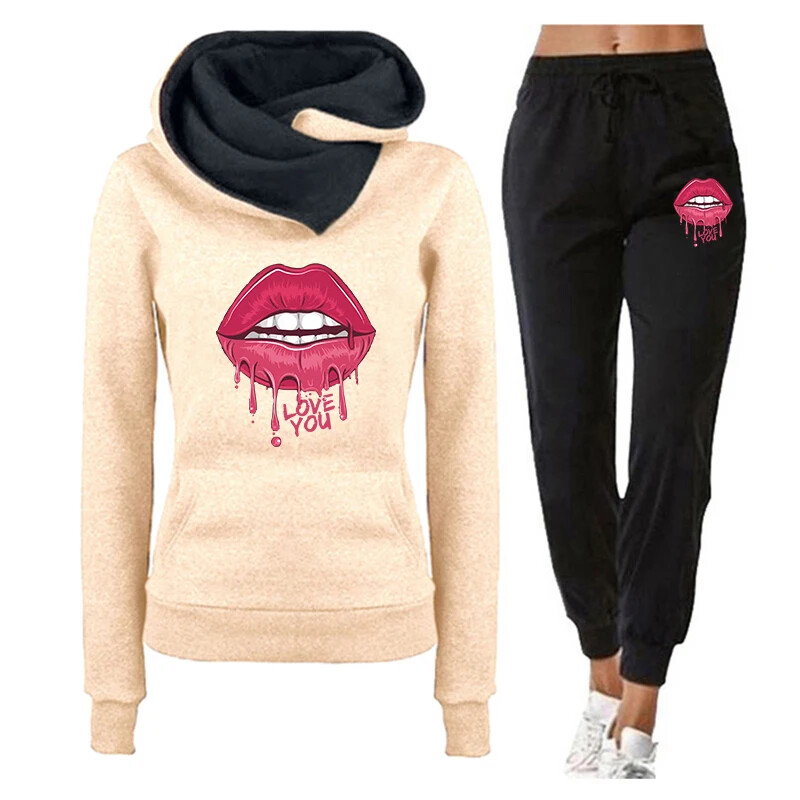 2024 m. Moterų bėgiojimo rinkinys su spausdinta aukšta apykakle, džemperis, sportinės kelnės, 2 dalių sportinė apranga, moteriškas sportinis rinkinys, moteriški sportinių kostiumų komplektai