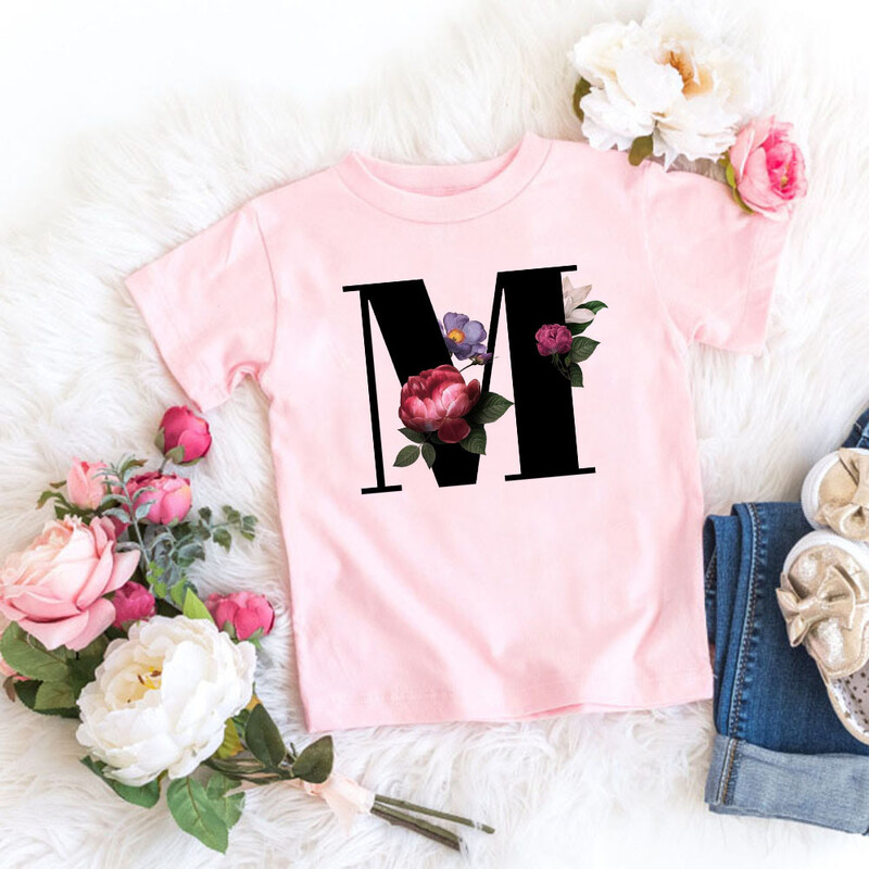 Roosa T-särk, tüdrukud, kirjad lilled, armas stiil, armas lühikeste varrukatega topp loominguline suvi 2024