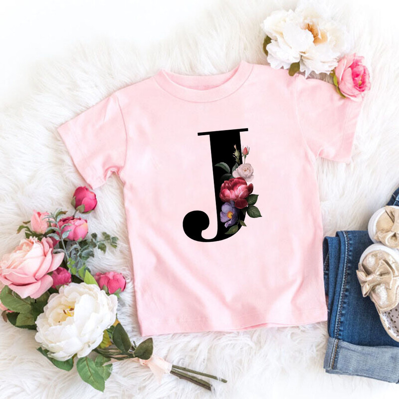 Roosa T-särk, tüdrukud, kirjad lilled, armas stiil, armas lühikeste varrukatega topp loominguline suvi 2024