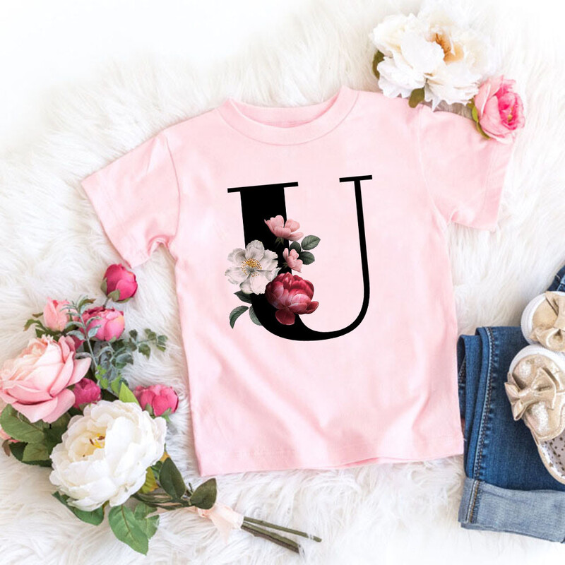 Roosa T-särk, tüdrukud, kirjad lilled, armas stiil, armas lühikeste varrukatega topp loominguline suvi 2024