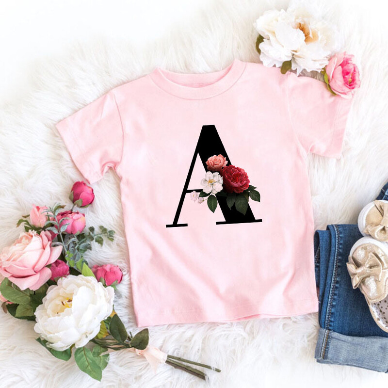 Roosa T-särk, tüdrukud, kirjad lilled, armas stiil, armas lühikeste varrukatega topp loominguline suvi 2024