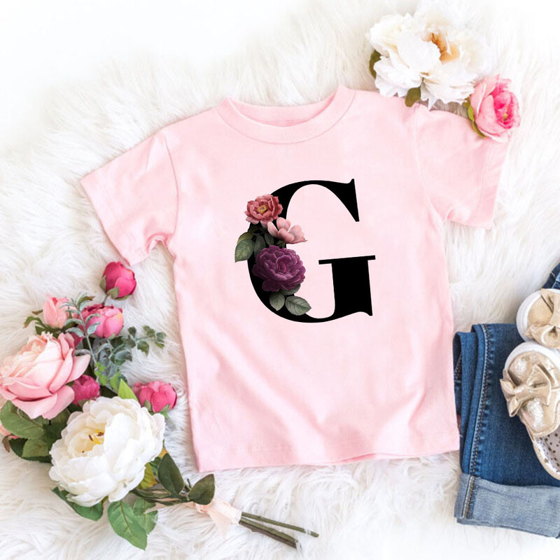 Roosa T-särk, tüdrukud, kirjad lilled, armas stiil, armas lühikeste varrukatega topp loominguline suvi 2024