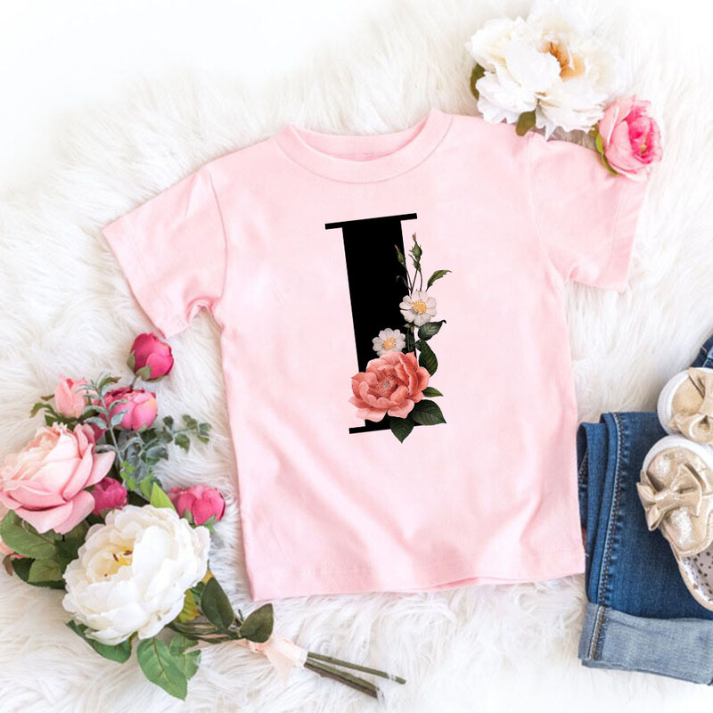 Roosa T-särk, tüdrukud, kirjad lilled, armas stiil, armas lühikeste varrukatega topp loominguline suvi 2024