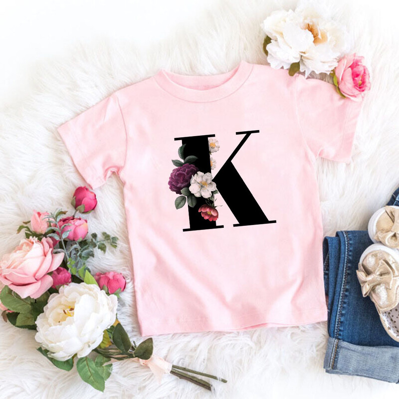 Roosa T-särk, tüdrukud, kirjad lilled, armas stiil, armas lühikeste varrukatega topp loominguline suvi 2024