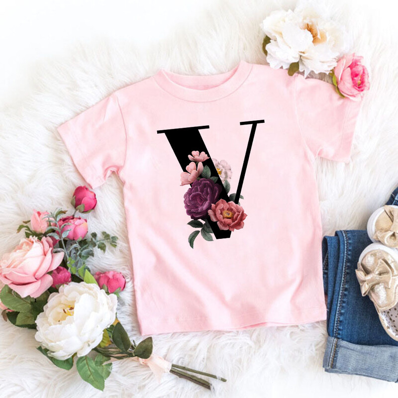 Roosa T-särk, tüdrukud, kirjad lilled, armas stiil, armas lühikeste varrukatega topp loominguline suvi 2024