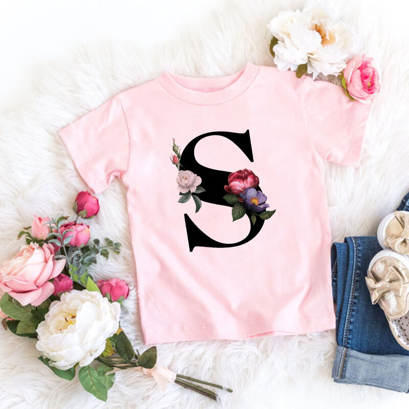 Roosa T-särk, tüdrukud, kirjad lilled, armas stiil, armas lühikeste varrukatega topp loominguline suvi 2024