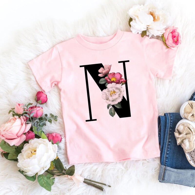 Roosa T-särk, tüdrukud, kirjad lilled, armas stiil, armas lühikeste varrukatega topp loominguline suvi 2024