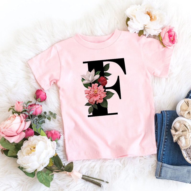 Roosa T-särk, tüdrukud, kirjad lilled, armas stiil, armas lühikeste varrukatega topp loominguline suvi 2024