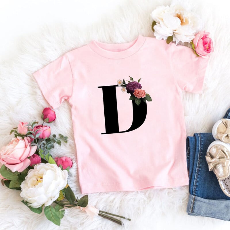 Roosa T-särk, tüdrukud, kirjad lilled, armas stiil, armas lühikeste varrukatega topp loominguline suvi 2024