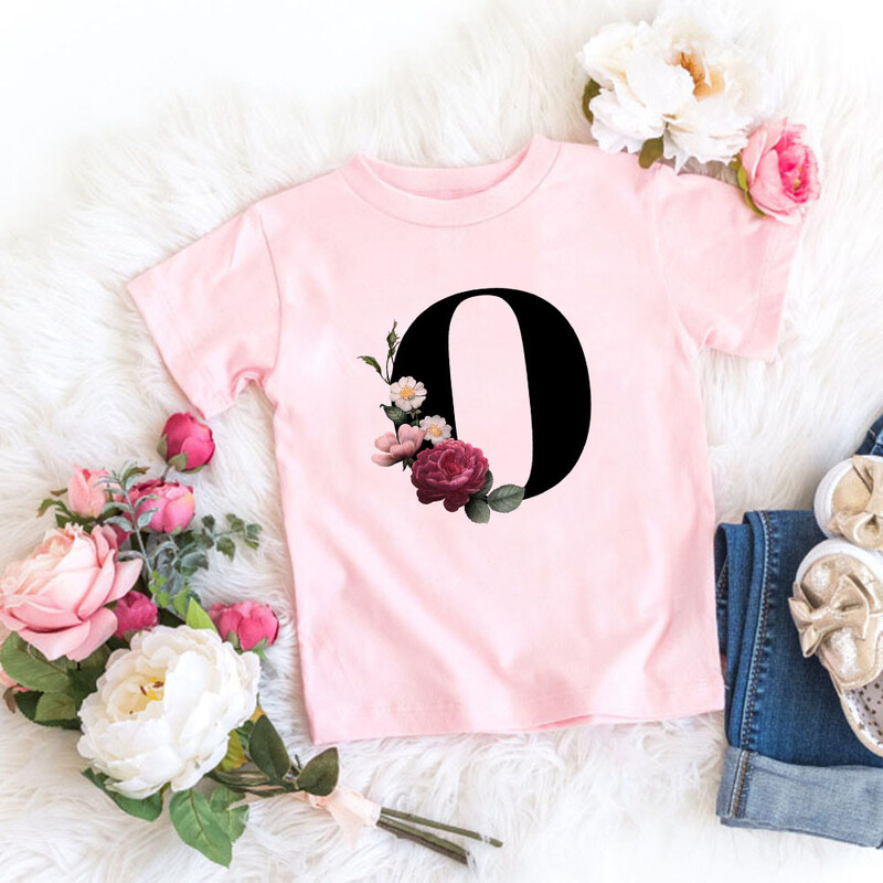 Roosa T-särk, tüdrukud, kirjad lilled, armas stiil, armas lühikeste varrukatega topp loominguline suvi 2024