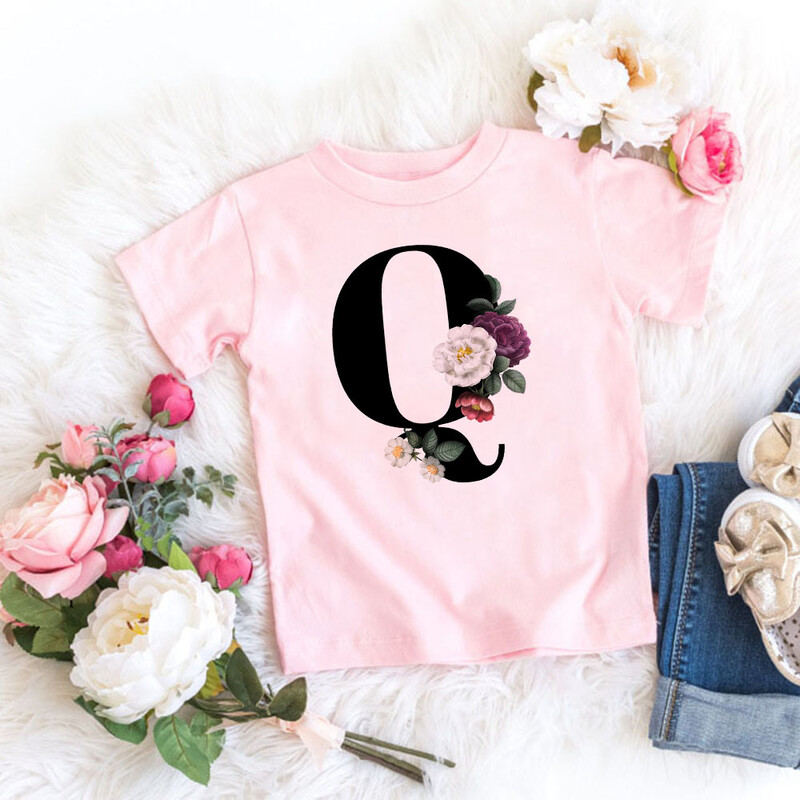 Roosa T-särk, tüdrukud, kirjad lilled, armas stiil, armas lühikeste varrukatega topp loominguline suvi 2024