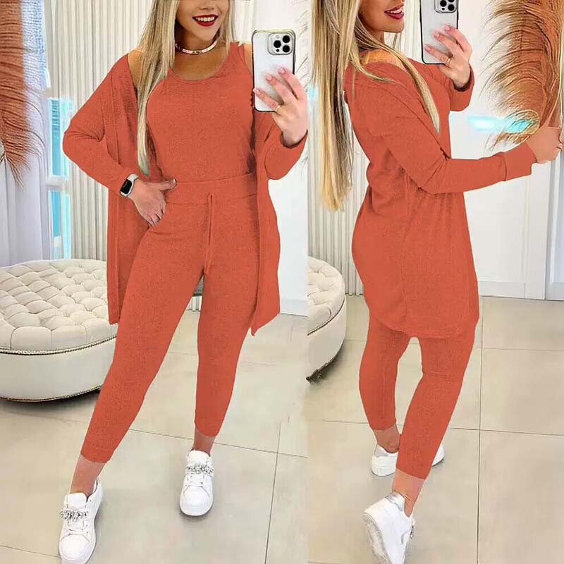 Naiste kolmeosaline pükstekomplekt põhjuslikud öösärgid, kõrge venitusega mugav jope + vestiga ülaosa + pükste ülikond 2024. aasta sügistalvine kodu