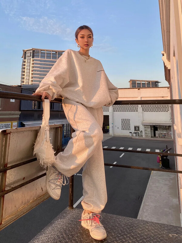 Divdaļīgie Korejas 2023. gada sieviešu komplekti, džemperi ar pilnām piedurknēm, brīvi ikdienas topi, mežģīnes, cieši viduklis, garu bikšu komplekts rudens