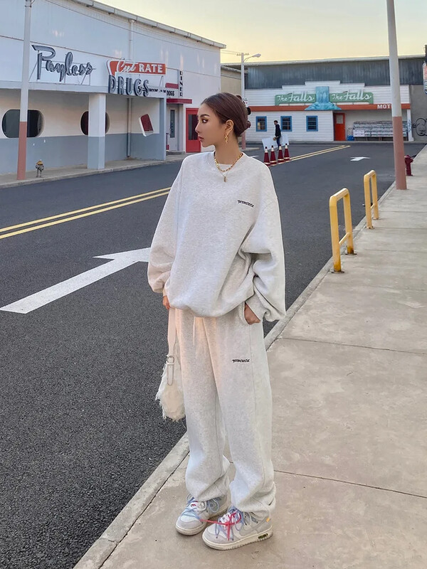 Divdaļīgie Korejas 2023. gada sieviešu komplekti, džemperi ar pilnām piedurknēm, brīvi ikdienas topi, mežģīnes, cieši viduklis, garu bikšu komplekts rudens