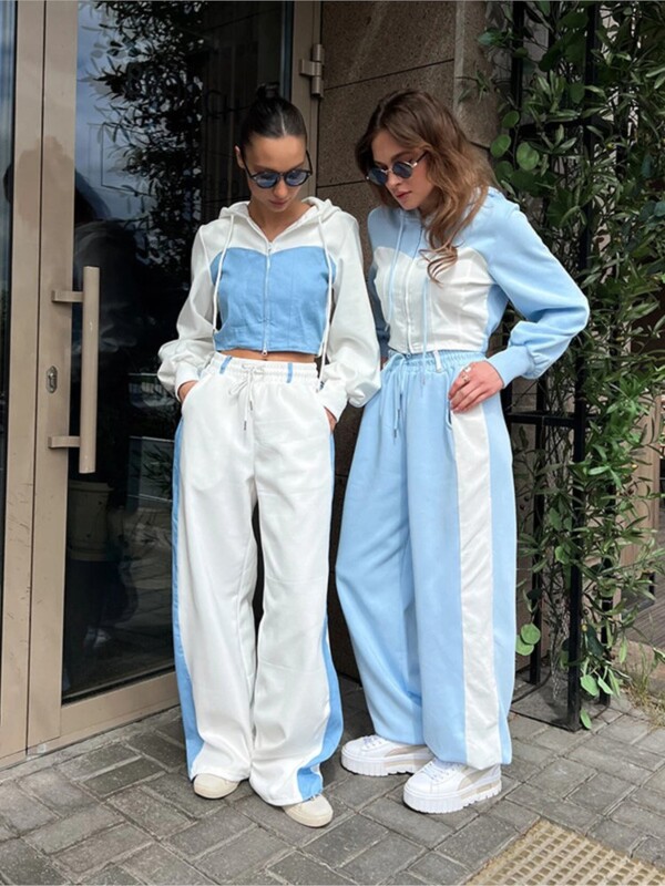 Seturi de pantaloni la modă cu contrast pentru femei, cu fermoar, paltoane scurte cu glugă, pantaloni largi, cu dantelă, set în două piese, trening la modă de toamnă