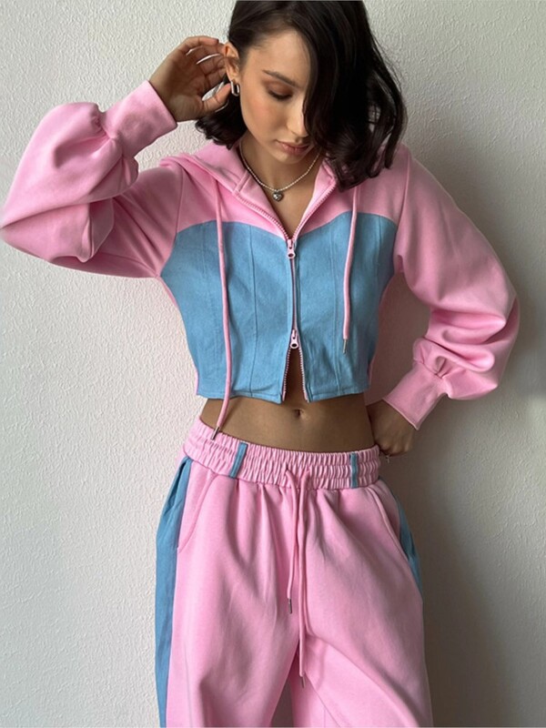 Seturi de pantaloni la modă cu contrast pentru femei, cu fermoar, paltoane scurte cu glugă, pantaloni largi, cu dantelă, set în două piese, trening la modă de toamnă