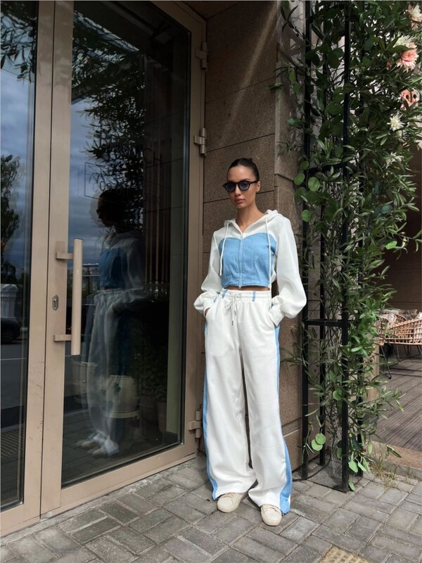 Seturi de pantaloni la modă cu contrast pentru femei, cu fermoar, paltoane scurte cu glugă, pantaloni largi, cu dantelă, set în două piese, trening la modă de toamnă