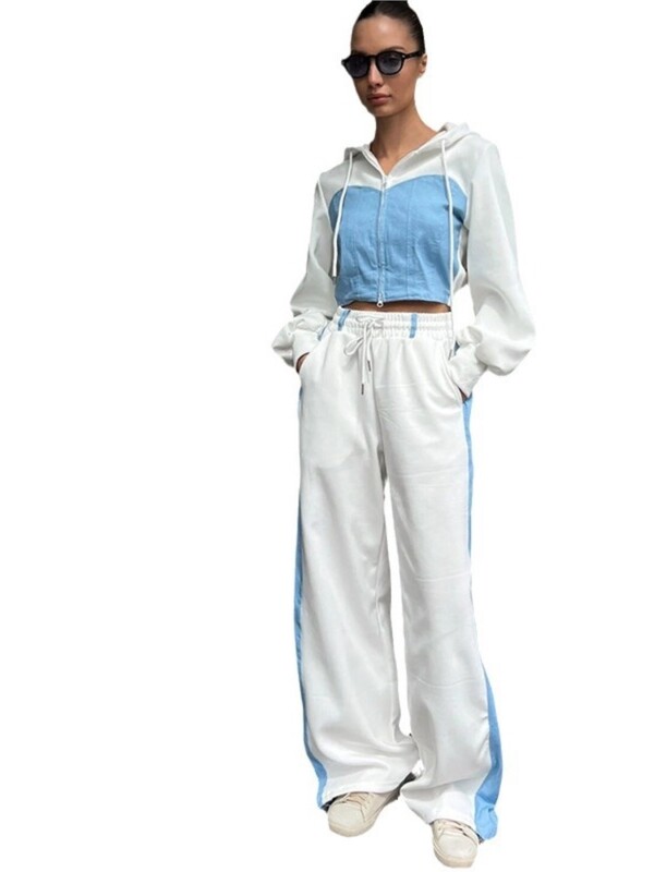 Seturi de pantaloni la modă cu contrast pentru femei, cu fermoar, paltoane scurte cu glugă, pantaloni largi, cu dantelă, set în două piese, trening la modă de toamnă