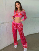 Дамски кадифени спортни костюми с принт на сърце, дълги ръкави, цип, изрязани якета с качулка, дълги панталони, есен, зима, 90-те, ежедневни комплекти от 2 части