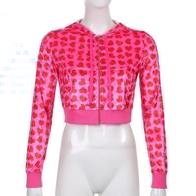 Дамски кадифени спортни костюми с принт на сърце, дълги ръкави, цип, изрязани якета с качулка, дълги панталони, есен, зима, 90-те, ежедневни комплекти от 2 части