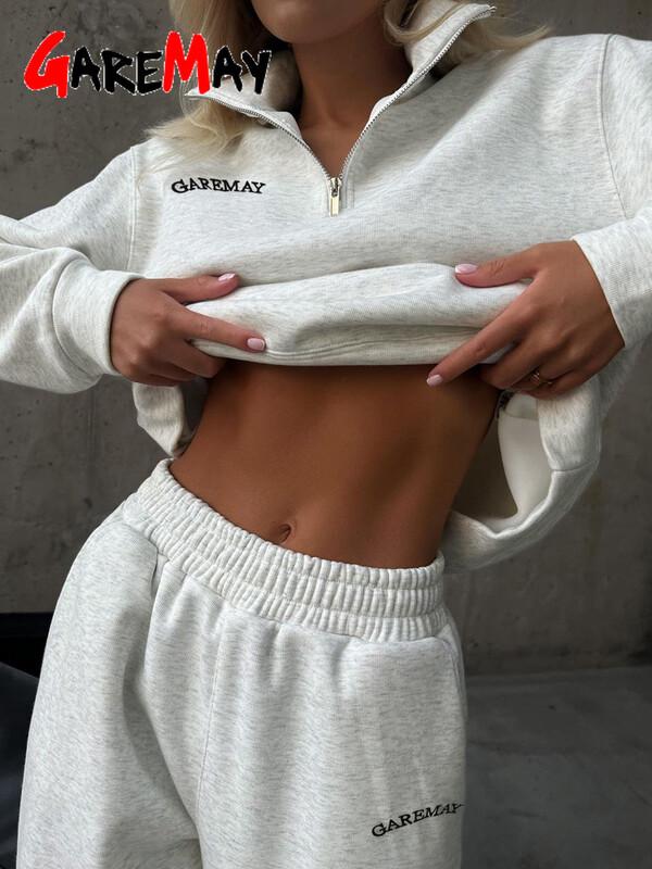 Trening de toamnă pentru femei, cu fermoar, bumbac, supradimensionat, alb, ocazional, set de două piese pentru femei, pantaloni sport clasici, pentru femei