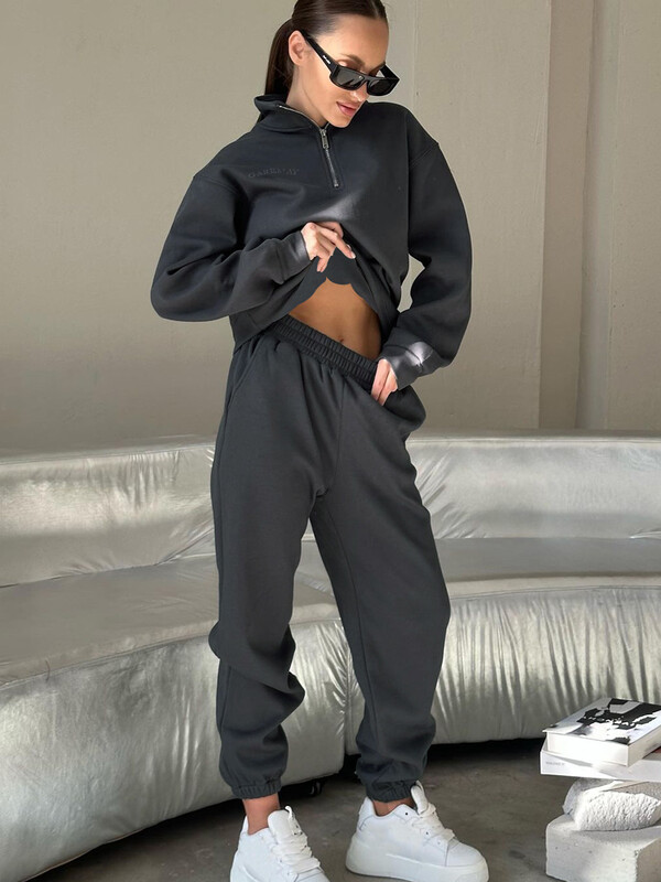 Trening de toamnă pentru femei, cu fermoar, bumbac, supradimensionat, alb, ocazional, set de două piese pentru femei, pantaloni sport clasici, pentru femei