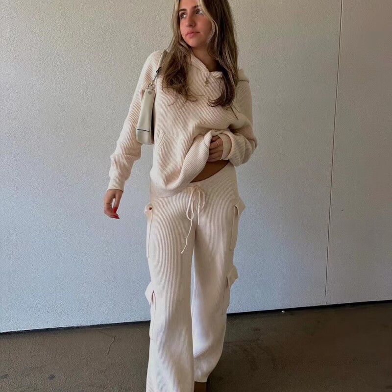 2024 Set de pantaloni tricotați cu mai multe buzunare, la modă, îmbrăcăminte sport cu glugă, pulover, tricotat, pentru femei, cu mâneci lungi, cu glugă, set din două piese