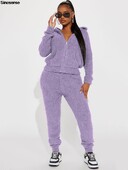 Ținute calde pentru femei Fuzzy 2 piese Hanorac cu glugă cu fermoar Jachetă Pantaloni de jogger Seturi de lounge Seturi de pijamale din lână Treninguri casual