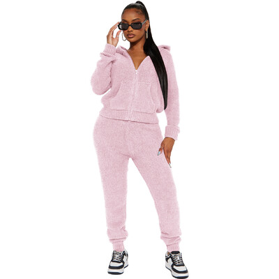 Ținute calde pentru femei Fuzzy 2 piese Hanorac cu glugă cu fermoar Jachetă Pantaloni de jogger Seturi de lounge Seturi de pijamale din lână Treninguri casual