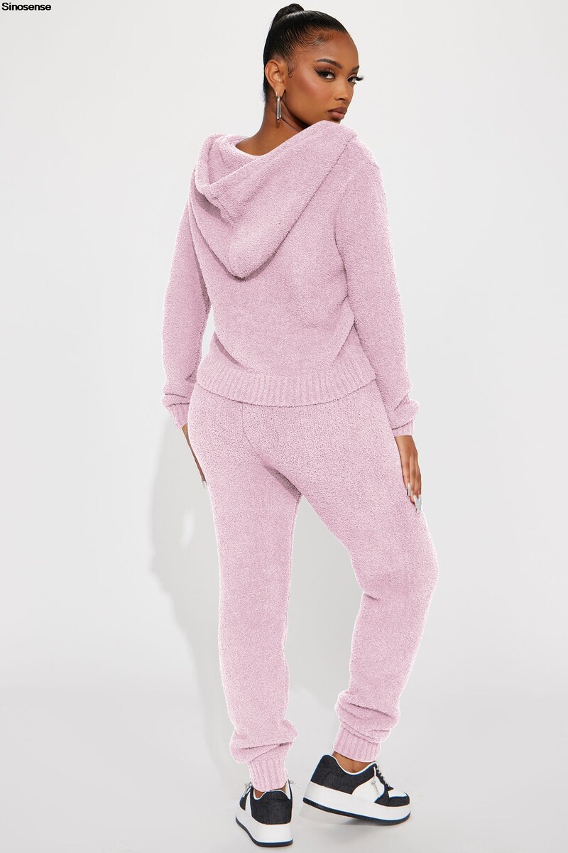 Ținute calde pentru femei Fuzzy 2 piese Hanorac cu glugă cu fermoar Jachetă Pantaloni de jogger Seturi de lounge Seturi de pijamale din lână Treninguri casual