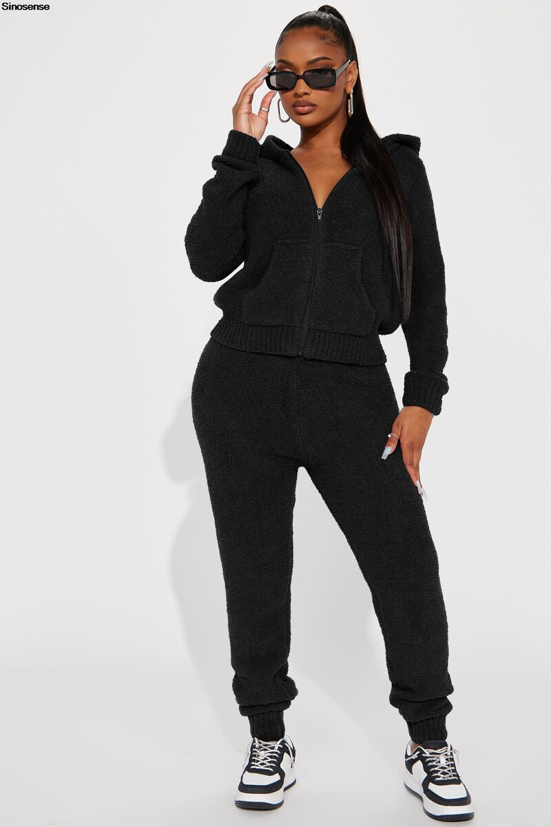 Ținute calde pentru femei Fuzzy 2 piese Hanorac cu glugă cu fermoar Jachetă Pantaloni de jogger Seturi de lounge Seturi de pijamale din lână Treninguri casual