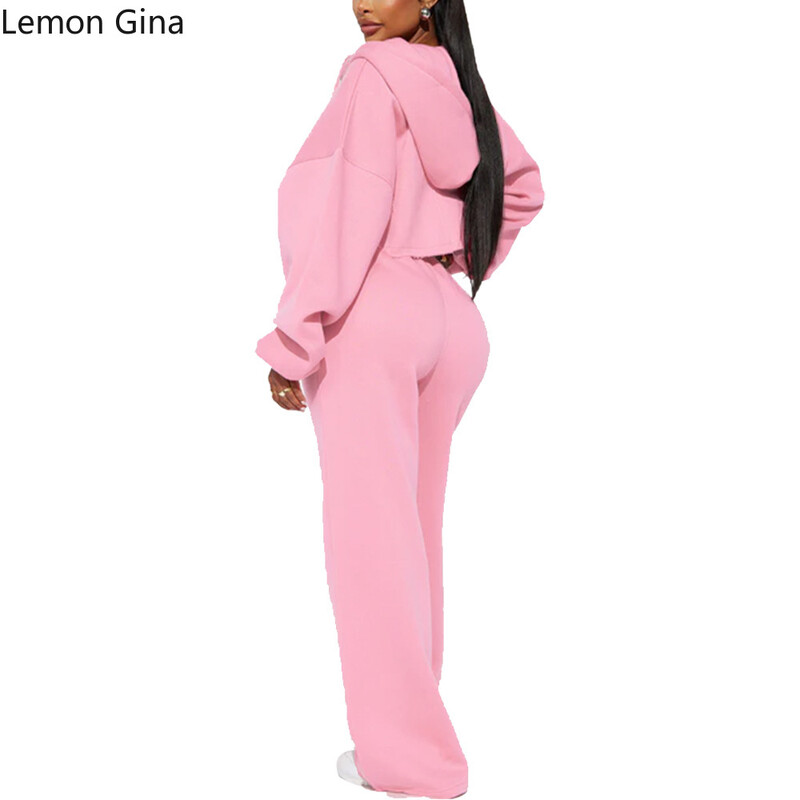 Lemon Gina Fashion sieviešu komplekts ar garām piedurknēm ar kapuci sporta jaka un Jogger platas bikses, 2024, divi 2 daļīgi komplekti, tērpi, treniņtērps