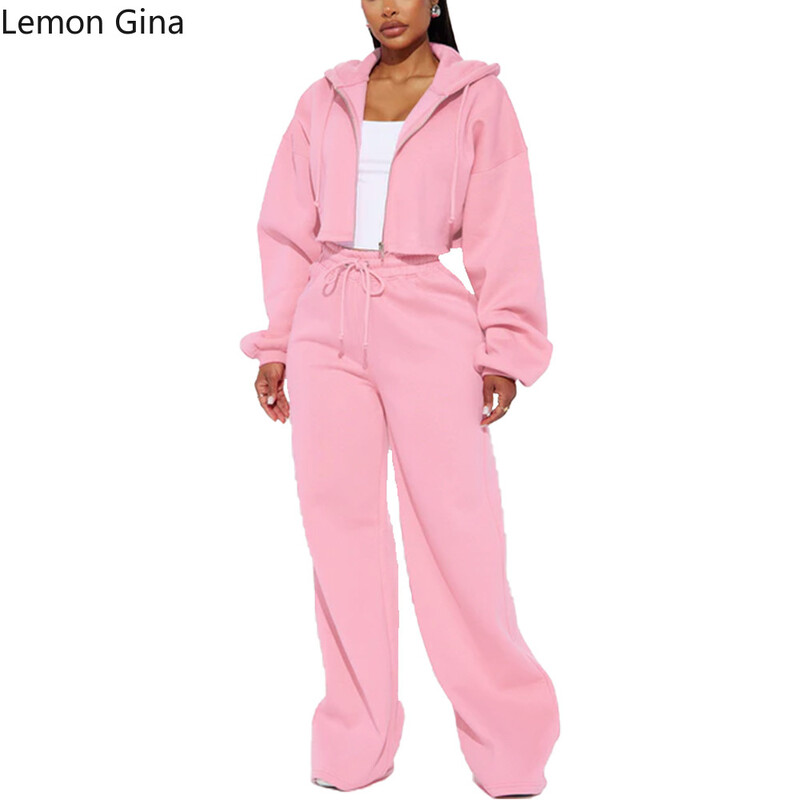 Lemon Gina Fashion sieviešu komplekts ar garām piedurknēm ar kapuci sporta jaka un Jogger platas bikses, 2024, divi 2 daļīgi komplekti, tērpi, treniņtērps