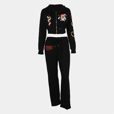 Bangniweigou Craniu Love Print Fermoar Cardigan scurt + Pantaloni drepti cu talie înaltă Set două piese Trening femei toamnă iarnă